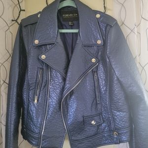 Faux Leather Jacket forever 21 metallic navy blue color moto
